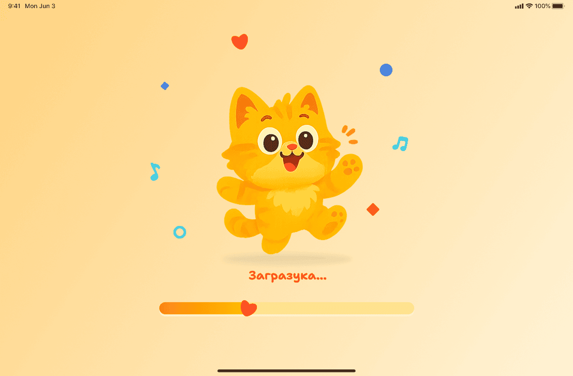 Learnimals app loading screen with friendly cat for teaching children